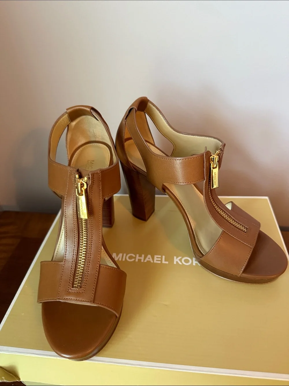 Michael Kors Brown Leather Zip-Front Block Heel Sandals
